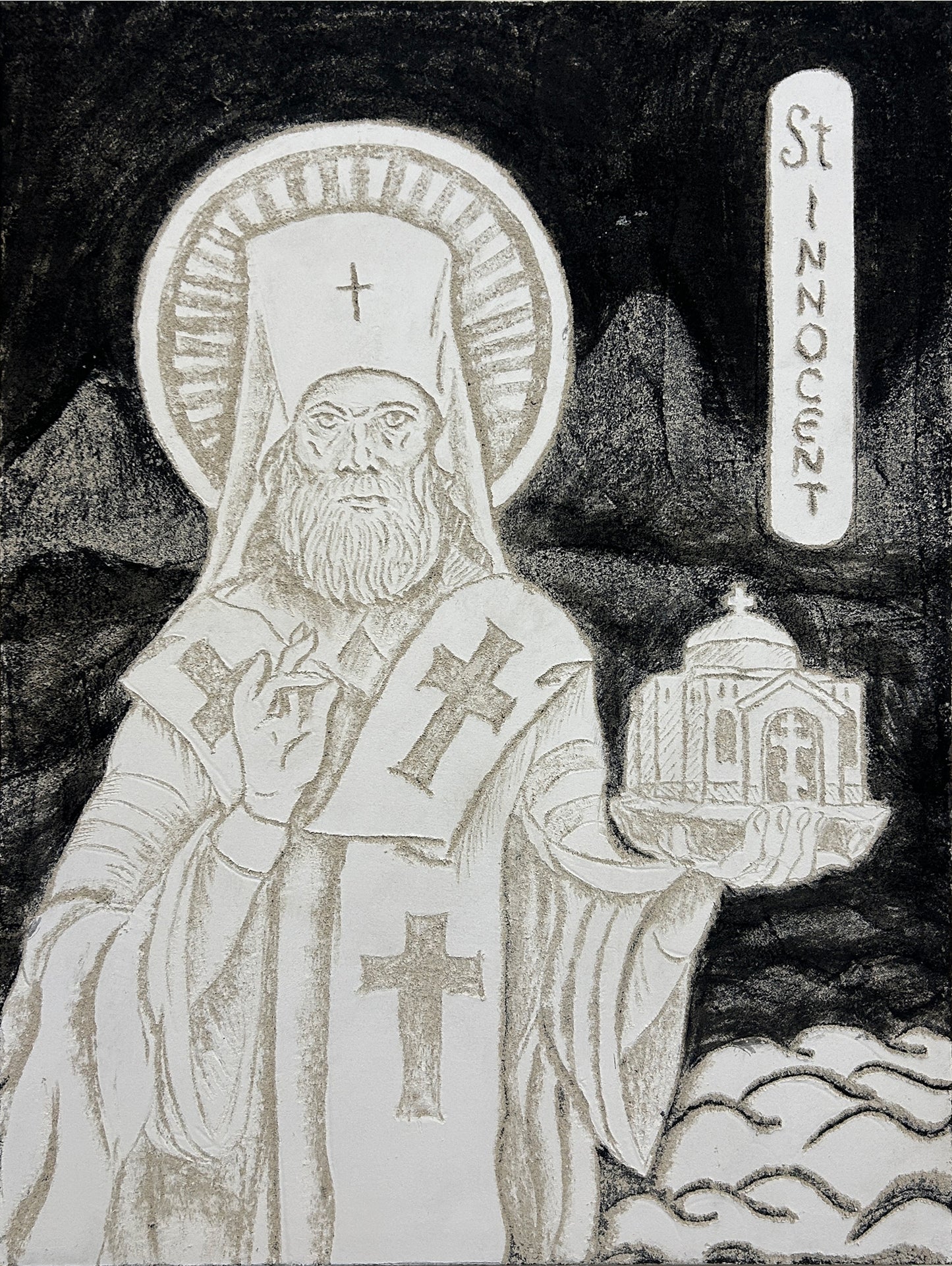 St Innocent with the Chapel - Original Sgraffito Fresco Icon